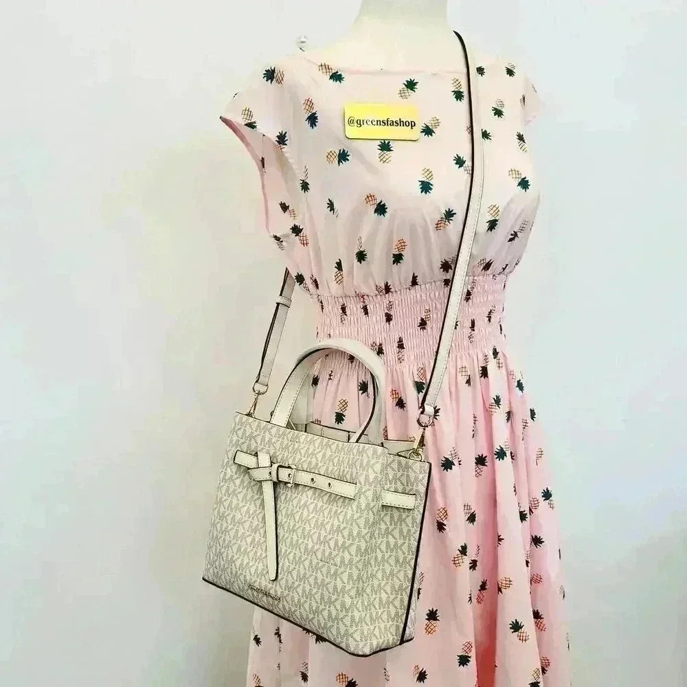 Michael Kors Emilia Small Satchel Crossbody Bag Light Cream MK Signature - Picture 11 of 11